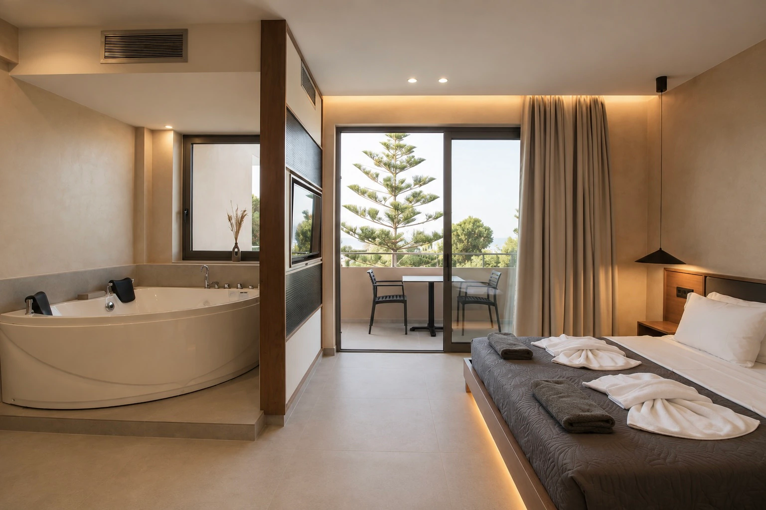 Superior Studio with indoor hot tub, double bed and doors opening onto the balcony